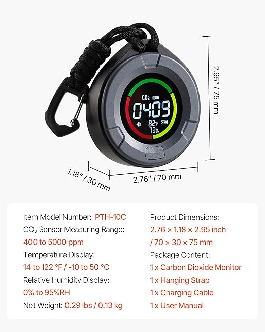 VEVOR Carbon Dioxide Monitor, CO2 Controller with Temperature and Humidity Display, NDIR Sensor Carbon Dioxide Detector, for Outdoors, Home, Office, Car, Lightweight & Portable - Image 7
