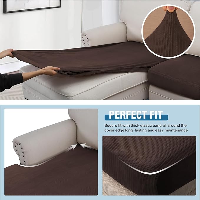 H.VERSAILTEX Velvet Stretch Sectional Couch Covers - 3 Piece L Shape Separate Cushion Set for Large 2 Seater + 1 Chaise, Brown Striped - Image 4