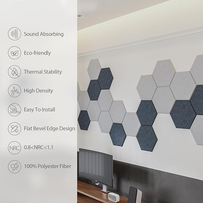12 Pack Acoustic Panels Self Adhesive Sound Proof Foam, High Density Sound Acoustic Foam Panel, 12X10.23X0.4 Inch Hexagon Wall Panels in Home,Office,Reccording Room,Studio(Moonlight Grey) - Image 5