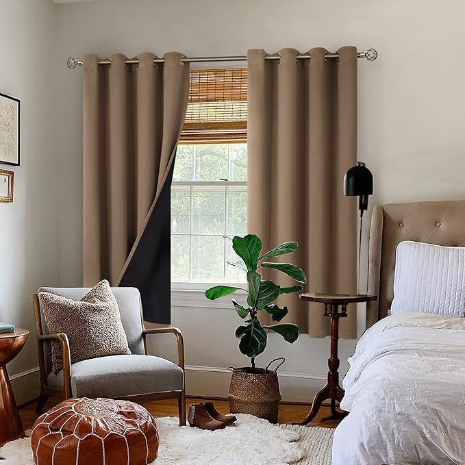 BGment Thermal Insulated 100% Blackout Curtains for Bedroom with Black Liner, Double Layer Full Room Darkening Noise Reducing Grommet Curtain (52 x 72 Inch, Taupe, 2 Panels) - Image 2