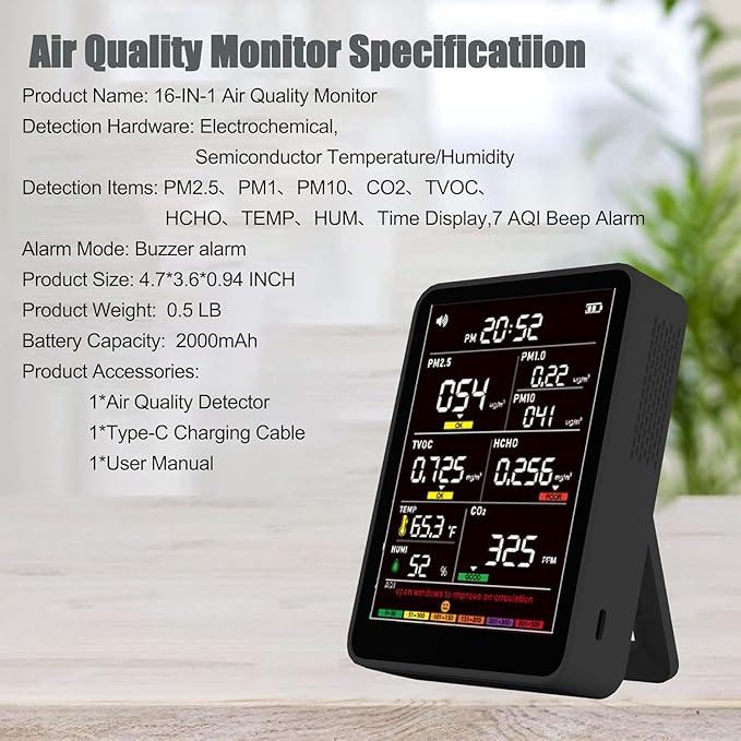 Professional Indoor Air Quality Monitor with AQI Beep Alarms, Portable Real-Time Detector for Home Cars Plants and Pets - Image 6