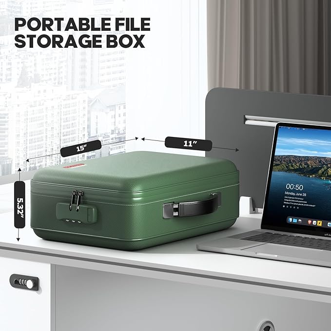 Fireproof Document Box, Hard Case Highly Flame-Resistant Fire Proof Waterproof File Organizer with Lock, Portable Fire Safe for Important Documents & Valuables Storage (Green, ‎15"*11"*5") - Image 6