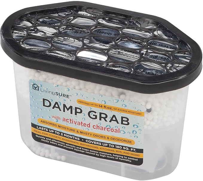 Damp Grab with Charcoal Dehumidifier: Quietly absorbs Moisture and Odors. Ideal for basements, Closets, and high-Humidity Spaces. Covers up to 180 sq. ft. Lasts Approx. 3 Months. by LivingSURETM by LivingSUREProducts