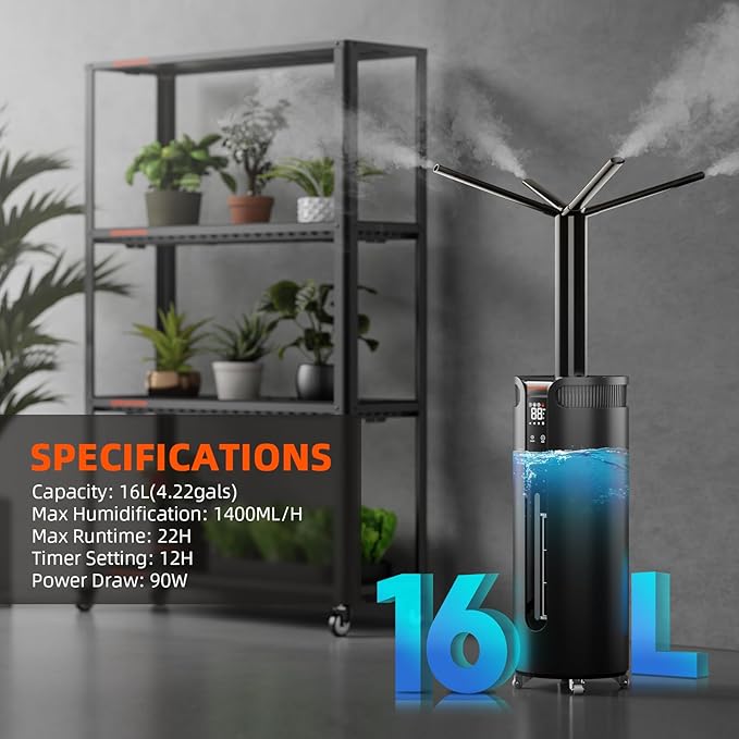 Spider Farmer 16L/4.2Gal Humidifier 1400ML/H Output for Grow Tent 2000 Sq.ft Large Room Plant Multi Extendable Hoses Splicing and Humidity Sensor Probe Cool Mist Quiet for Bedroom Greenhouse Indoor - Image 7
