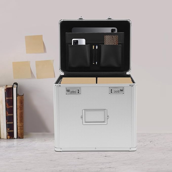 Metal Locking File Organizer Box, 13.8*10*13.4 inch Portable Locking Storage Box w/Lock for Filing Letters & Documents, File Storage Box for Offices, Hotels, Schools, Shopping Malls (Silver) - Image 3