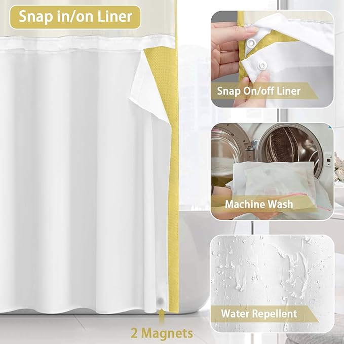 No Hook Shower Curtain and Liner Set,Yellow Hotel Waffle Shower Curtain with Liner 75" L x 72" W - Image 4