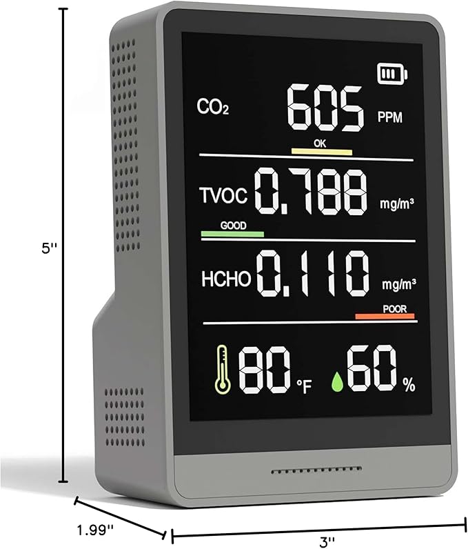 5-in-1 Professional Indoor Air Quality Monitor Indoor Portable CO2 Monitor | Temperature | Formaldehyde Detector | Humidity TVOC | Air Quality Tester - Confined Space Clean Air Monitor (Ink Grey) - Image 9