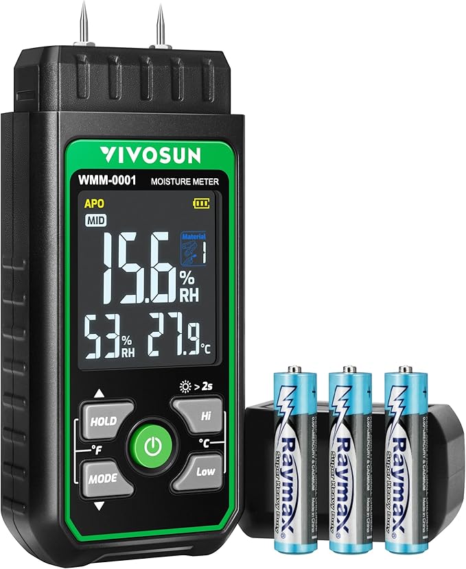 VIVOSUN Wood Moisture Meter, 3-In-1 Pin-Type Digital Moisture Tester, Ambient Temp & Humidity Tester, 7 Modes, Color Backlit Screen, for Wood, Walls, Bricks, Dried Flowers by VIVOSUN