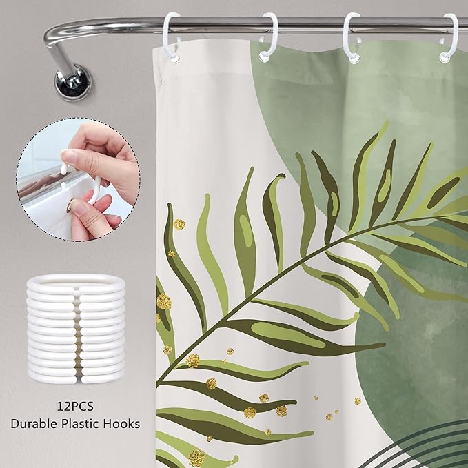 Sage Green Boho Shower Curtain 60Wx72H Modern Bohemian Abstract Leaves Olive Dark Green Mid Century Plant Bathroom Decor Minimalist Geometric Arch Bath Curtain Fabric Polyester 12 Pack Hooks - Image 6