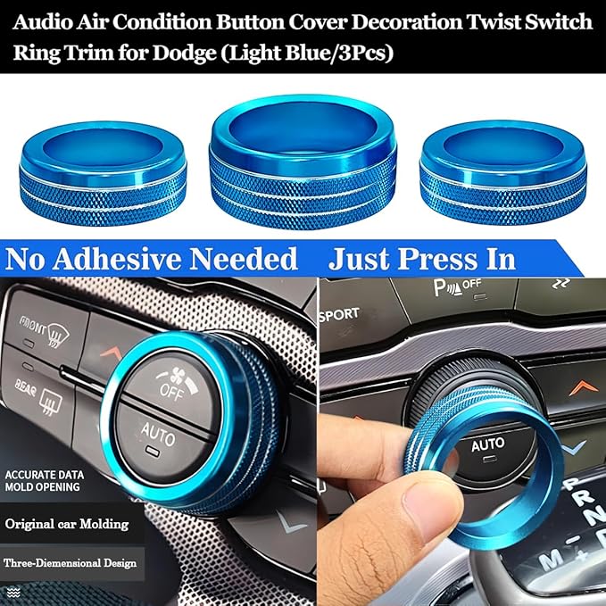 Auprite Climate Control Knob Covers for Challenger Accessories 2015-2023 2024, for Dodge Charger 2015-2023 2024, for Dodge Chrysler 300/300s 2015-2024,3Pcs Kit (Light Blue) - Image 3