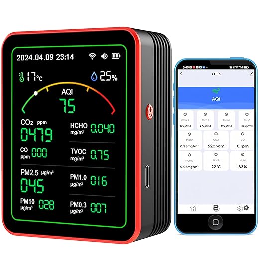WiFi Air Quality Monitor,15-in-1 Smart Air Quality Tester with PM, CO2, CO, TVOC, HCHO, PM, AQI, Temperature & Humidity, Timer, Battery Powered, for Home & Office，Compatible Tuya/Smart Life App by RISOON