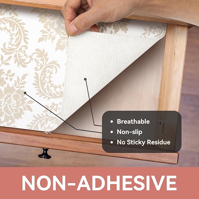 RAY STAR Shelf Liner, Non Adhesive Golden Damask Floral Cabinet Liner for Pantry Drawer, Strong Grip Non Slip Waterproof, Shelf Liners for Kitchen Cabinets Organization 12 Inch x 10 FT (2 Rolls) - Image 8