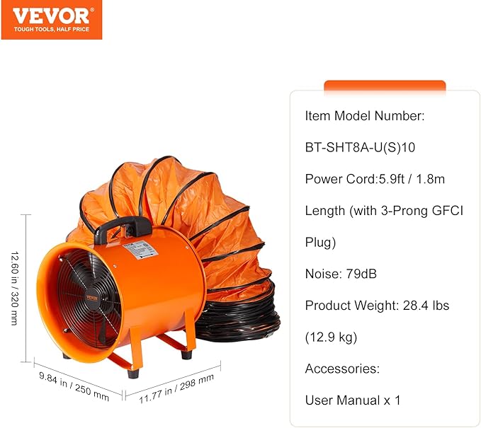 VEVOR Air Mover Blower Fan 8 Inch, 1070CFM 195W with 33ft Flexible Duct, Industrial Portable Ventilator Blower/Exhaust, Orange - Image 7