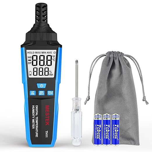 MESTEK Temperature Humidity Meter, High Precision Digital Hygrometer with Ambient, Dew Point, Wet Bulb Temperature for Indoor Outdoor, Thermometer with Min/Max, Data Hold, LCD Backlight, TH11 by MESTEK