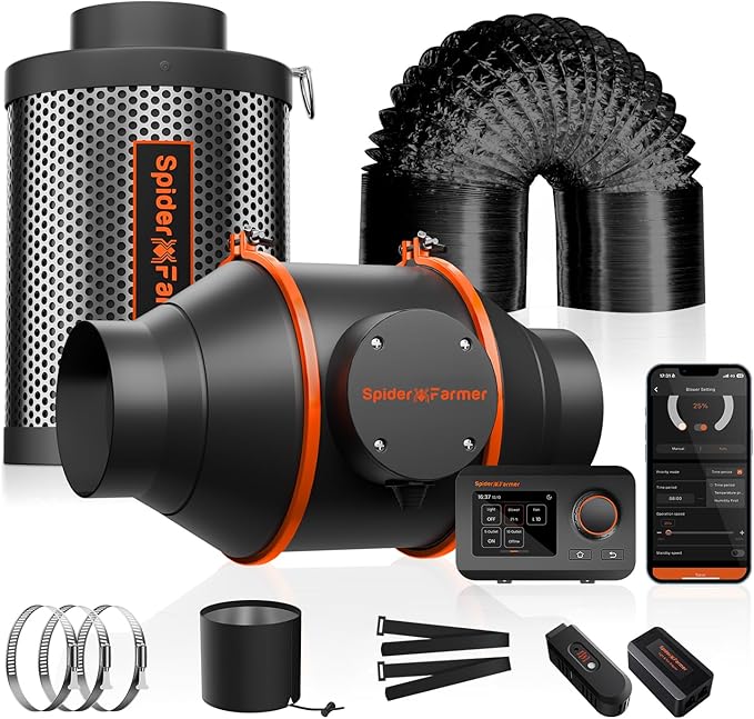Spider Farmer Smart Air Filtration Kit 4", Inline Duct Fan, GGS Temperature Humidity Controller with App Control, Carbon Filter Combo, 13Ft Ducting, Ventilation System for Grow Tent, Hydroponics by SpiderFarmer