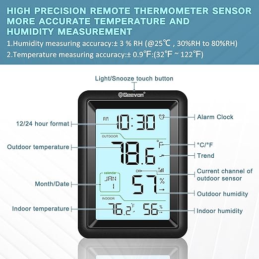 Geevon Wireless Indoor Outdoor Thermometer & Hygrometer with Remote Sensor – Digital Temperature & Humidity Monitor, Alarm, Snooze, 10s Backlight - Image 2