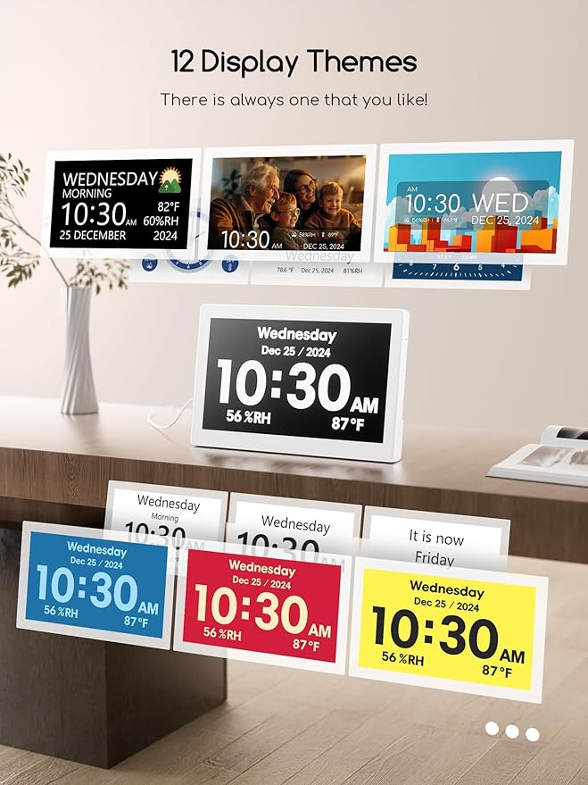 Raynic Digital Clock,10.1 Inch Large Display Calendar Clock with 12 Themes, 20 Alarms, 20 Reminders, Auto Dimming, 12/24 Hours for Seniors, Desk (White, 10.1 Inches) - Image 2