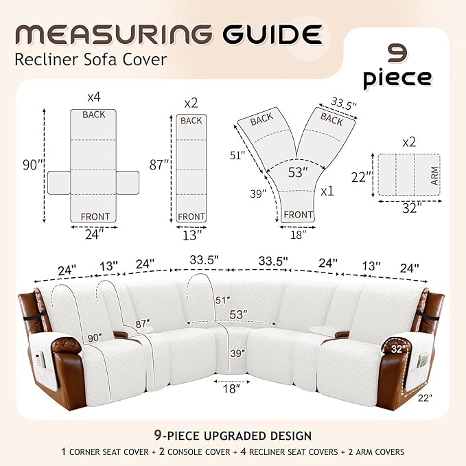 Arfntevss Waterproof Recliner Sectional Couch Covers for Reclining L Shape Sofa Cover Non Slip Washable L Shaped Slipcover Sets for Dog Furniture Protector (5 Seat with 2 Console Cover, Cream White) - Image 5