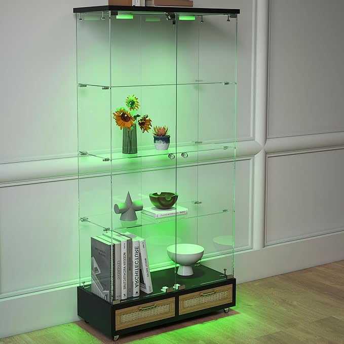 Yoluckea 4 Tier Glass Display Cabinet with LED Lighting and 2 Drawers, 2 Doors Floor Standing Curio Cabinet with Wheel for Home, Office, Corner Display, Black Glass Bookshelf for Collections and Decor - Image 9