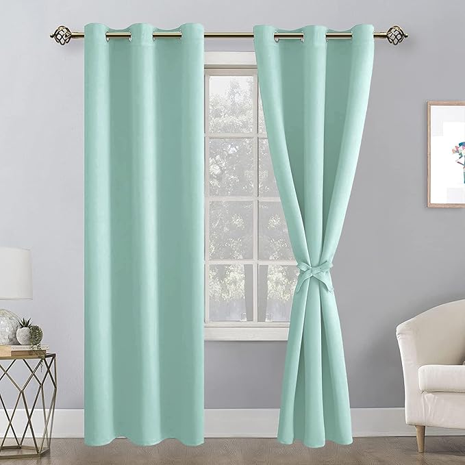 Hiasan Blackout Curtains for Bedroom, 38 x 84 Inches Long - Thermal Insulated & Energy Saving Window Curtains for Living Room, 2 Drape Panels Sewn with Tiebacks, Aqua - Image 2