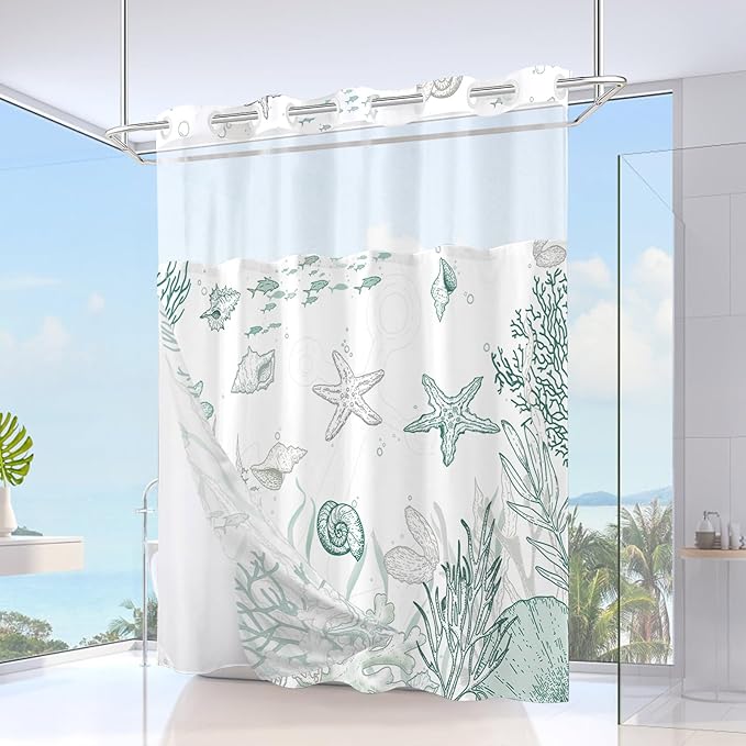 Extra Long No Hook Shower Curtain with Snap in Liner, Beach Ocean Nautical Coastal Shower Curtains and Liner Set for Bathroom, Seashell Fabric Bath Curtain, Waterproof Washable, Green 71"x84" - Image 2