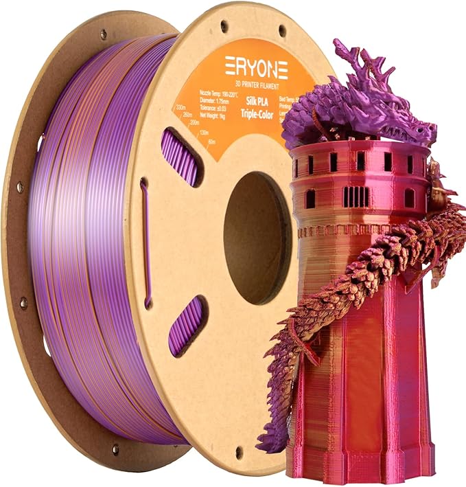 ERYONE Silk Tri Color PLA Filament 3D Printer 1.75mm +/- 0.03mm, Multicolor Filament Tricolor PLA 1KG(2.2lbs) Cardboard Spool, Red Gold Purple by ERYONE