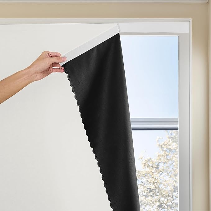 Magic Tape Stick on Portable Curtains for Windows,Bedroom Blackout Curtains for - Thermal Lnsulated No Drill Curtains Room Darkening Black Small Drapes(1 Panels,59Wx72L inch-White) by JILRON