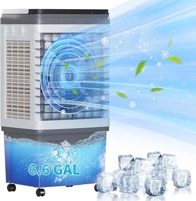 TABU 2354CFM 3-in-1 Evaporative Air Cooler, 6.6-Gal Water Tank Portable Swamp Cooler of Cooling, Humidifier& Fan,3 Wind Speeds,120° Oscillation,7.5H-Timer,Remote Control,Grey by TABU