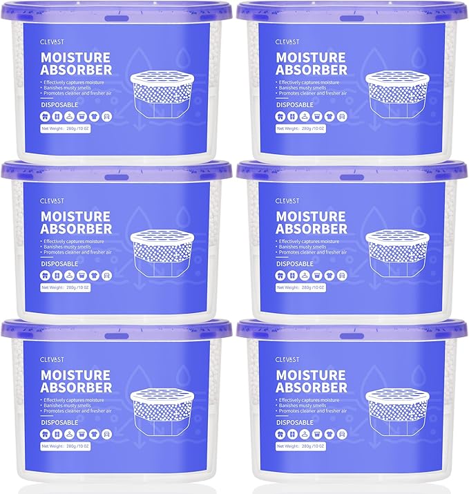 CLEVAST Moisture Absorber Boxes 6 Pack, 10 Oz Dehumidifier for Closet & Bathroom, Humidity Absorber for Wardrobe, Bedroom, RV & Car, Fragrance-Free Moisture Control, Unscented by CLEVAST