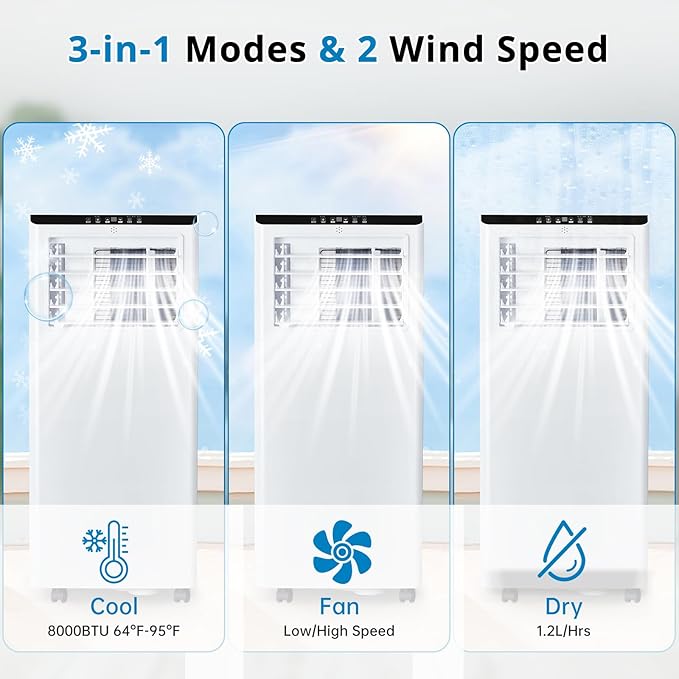 GarveeLife 8000 BTU Portable Air Conditioner - 3-in-1 Cooling, Dehumidifier & Fan - Cools up to 350 Sq.Ft - Low Noise, 24H Timer, Remote Control, Window Kit - Ideal for Bedroom, Living Room, Office - - Image 3