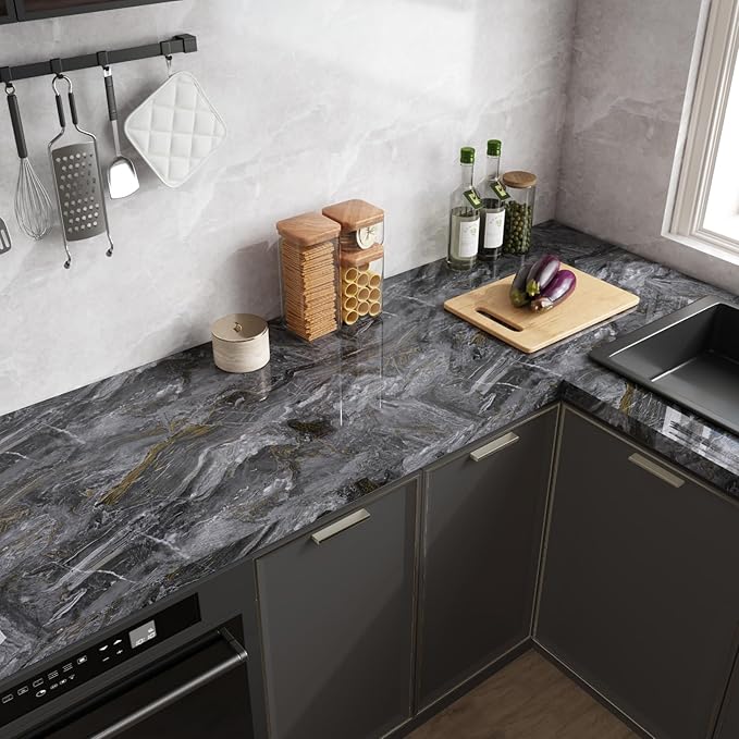 CRE8TIVE Dark Grey Gold Marble Contact Paper 12"x80" Glossy Slate Marble Wallpaper Peel and Stick Countertops Waterproof Self Adhesive Removable Wallpaper Marble Vinyl Wrap for Bathroom Cabinets Desks - Image 2