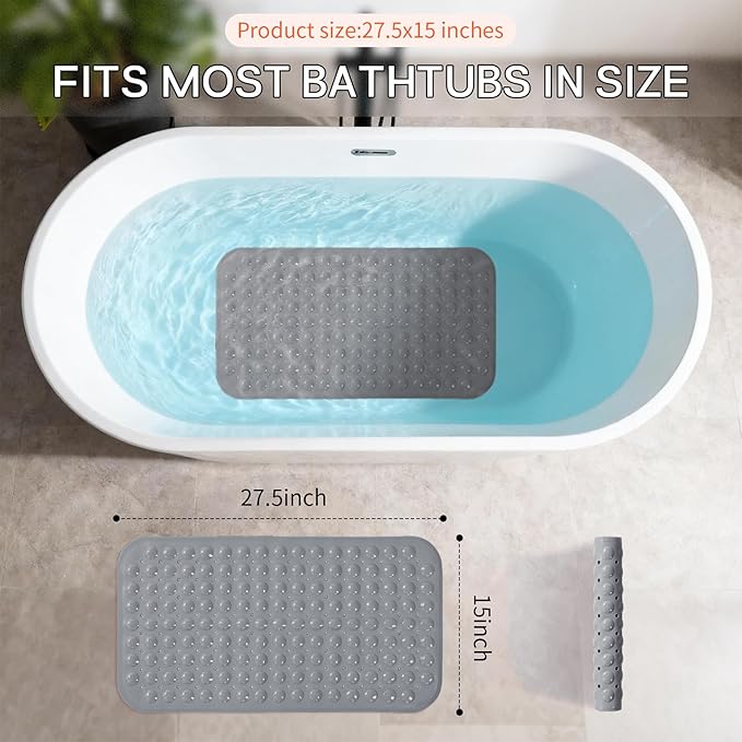 Anti-Slip Bathtub Shower mat, 27.5×14.5（Approximately 70×37cm） inch Soft Oversized Machine Washable Non-Slip Bathtub mat with Drainage Holes, Bathroom Floor Suction Cup.（1-Opaque Gray） - Image 3