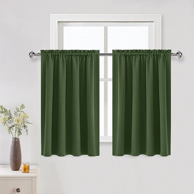 DWCN Blackout Curtains for Living Room Thermal Insulated, Energy Saving & Noise Reducing Bedroom Curtains, Olive Green, W 52x L 36 Inch, Set of 2 Rod Pocket Curtain Panels by DWCN
