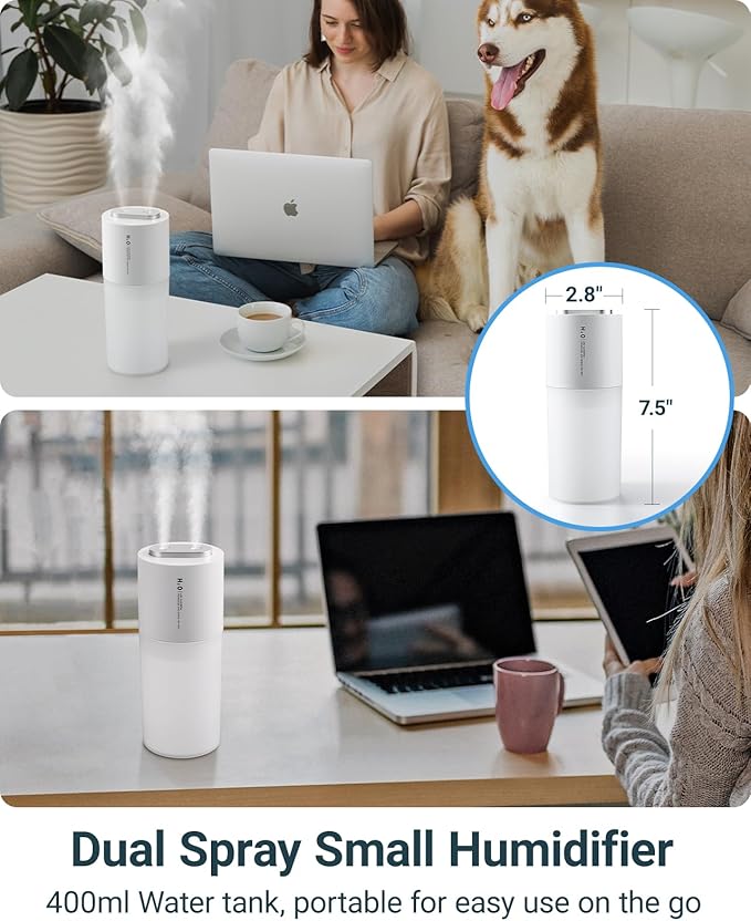 Dual-spray 400ml Mini Humidifier for Desk - Portable Rechargeable Personal Desktop Humidifiers for Office Car Travel Plants Bedroom Baby, Auto Shut-Off, 2 Mist Modes, Super Quiet, White - Image 6