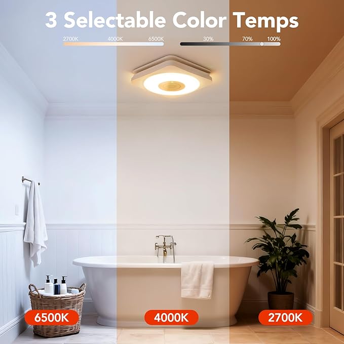 OREiN 3-in-1 Bathroom Exhaust Fan with Bluetooth Speaker & LED Light, 110/160 CFM Quiet Ventilation Fan, 1500LM, 2700K-6500K Adjustable, Night Light, Remote Control, 11.39" x 10.42" Ceiling Cut-Out - Image 5
