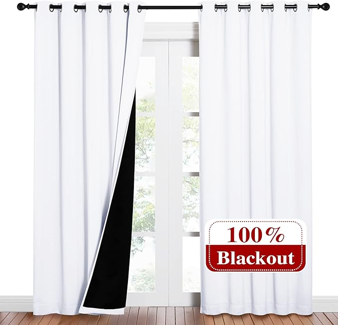 NICETOWN 100% Blackout Window Curtain Panels, Cold and Full Light Blocking Drapes with Black Liner for Nursery, 84 inches Drop Thermal Insulated Draperies (White, 2 Pieces, 62 inches Wide Each Panel) - Image 2