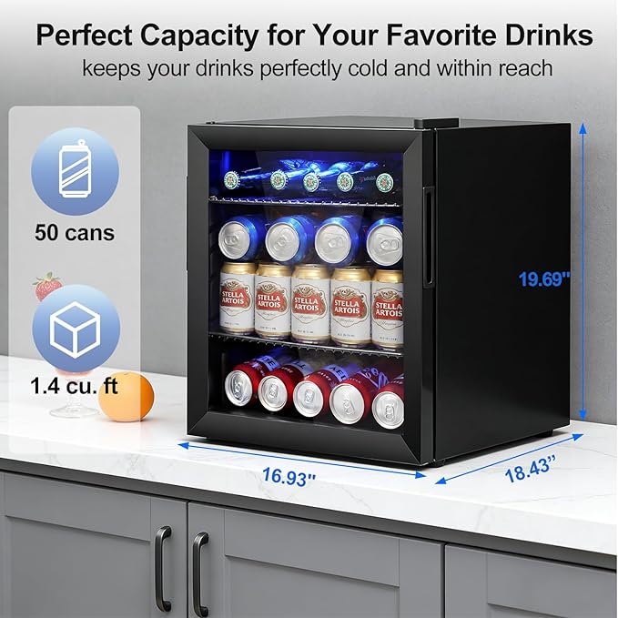 50 Can Mini Beverage Refrigerator - Small Beverage Fridge with Glass Door for Soda Beer Wine – Countertop Drink Cooler for Home, Dorm, Office or Bar, Electronic Temperature Control，1.4cu.ft.Black - Image 3