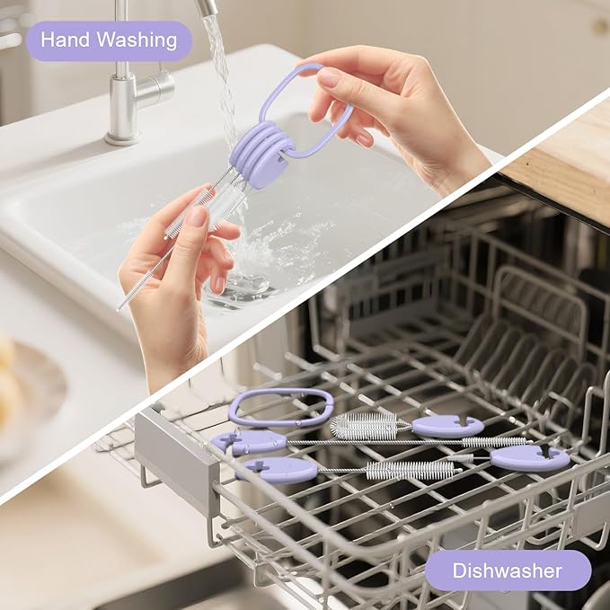 YOTIME Standing Straw Cleaner Brush Set, 4in1 Reusable Straw Brushes with Holder Ring, for Baby Bottles, Sippy Cups and Lids, Purple - Image 6