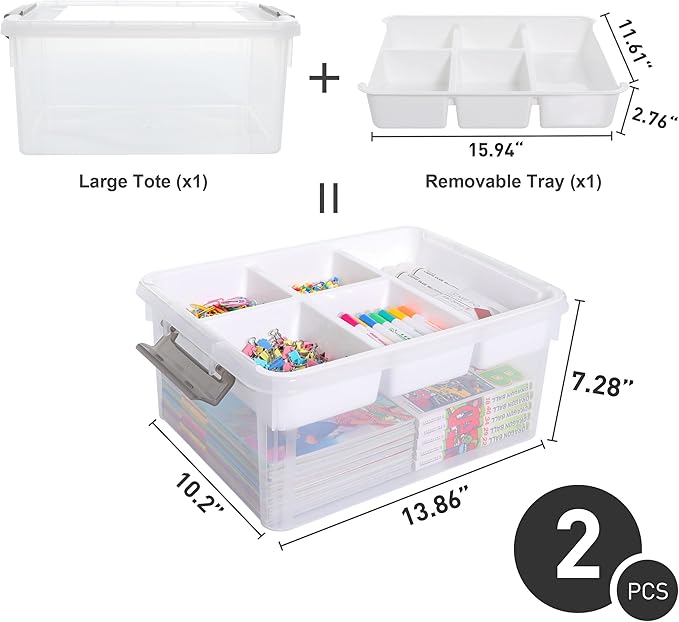 Citylife 17 QT Plastic Storage Box with Removable Tray Craft Organizers and Storage Clear Storage Container for Organizing Bead, Tool, Sewing, Playdoh, 2 Packs - Image 2