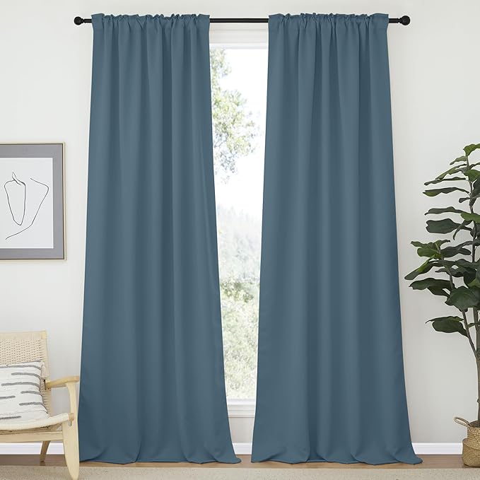 NICETOWN Bedroom Blackout Curtain Panels - (Smoky Blue Color) 52 x 120 inch, 2 PCs, Insulating Energy Saving Solid Rod Pocket Blackout Drapes for Hall, Villa - Image 2
