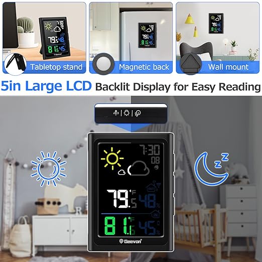Geevon Indoor Outdoor Thermometer Wireless Weather Station with Color Display, Digital Hygrometer Temperature Humidity Monitor with Alarm Clock and Backlight - Image 2