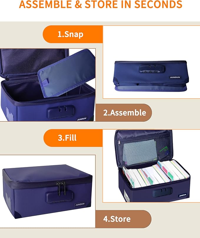 JUNDUN Index Card Holder with Lock,Collapsible Fireproof Index Card Box fits 1200 3x5-Inch Flash Cards - Business, Recipe, or Note Card Storage Boxes - Blue - Image 5
