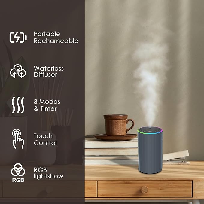 Waterless Essential Oil Diffuser, Battery Powered Mini Scent Air Machine, Aromatherapy Mist Diffuser for Home Room Car Office (Grey) - Image 5