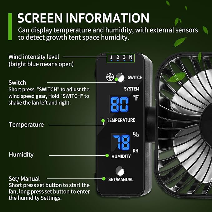 2-Pack 4” Grow Tent Fan With Temperature And Humidity Meter,Automatic Humidity Control,Oscillating Fan For Hydroponic Ventilation Circulation With Clips,Adjustable Speed Quiet Greenhouse - Image 6