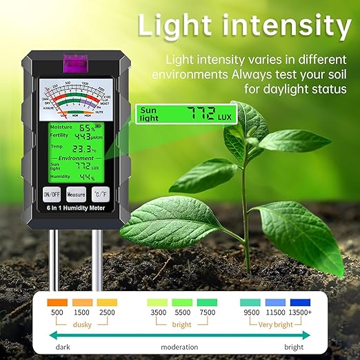 6-in-1 Soil Moisture Meter, Hygrometer for Plants with Soil Moisture, PH Meter, Temperature, Sunlight, Fertility, Environmental for Farming, Gardening (2*AAA Battery Needed) - Image 5