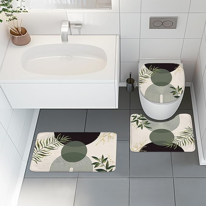 4 PCS Dark Green Boho 72Wx72H Shower Curtain Set Modern Mid Century Leaves Plant Bath Rug Toilet Lid Cover Nonslip U Shape Mat Quick Dry Accessories Bathroom Decor with 12 Hooks - Image 2