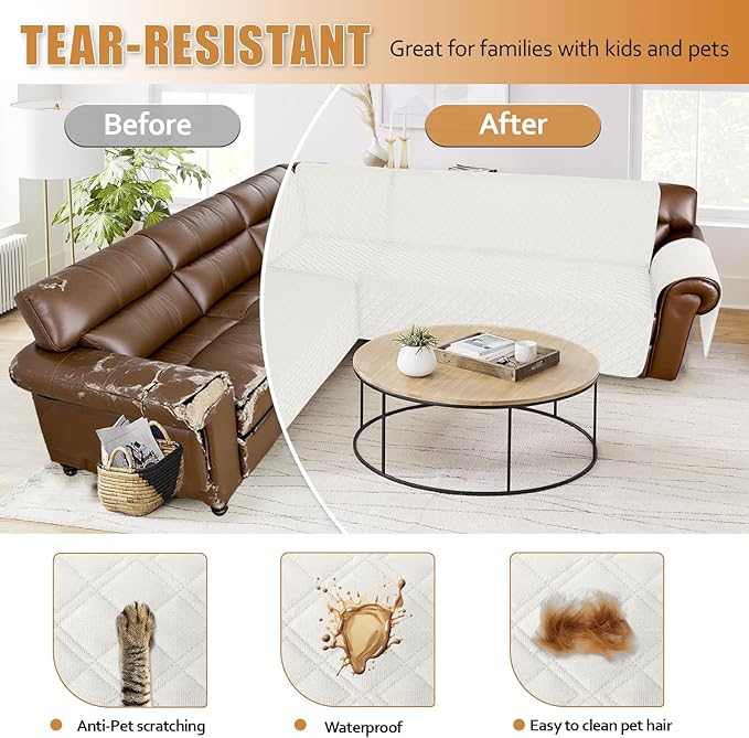 Arfntevss Waterproof Sectional Couch Covers L Shape Washable Velvet Sofa Cover for Sectional Non Slip Large Corner Slipcovers Dog 6 Pcs Universal U Shaped Furniture Protector (Cream White, X-Large) - Image 7