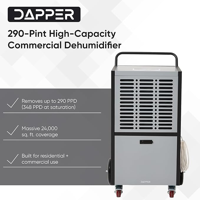290 Pints Commercial Dehumidifier for Basements & Industrial Spaces – Built-In Pump, Drain Hose, Continuous Operation, 2-Speed Fan, 24000 Sq Ft Coverage - Image 2