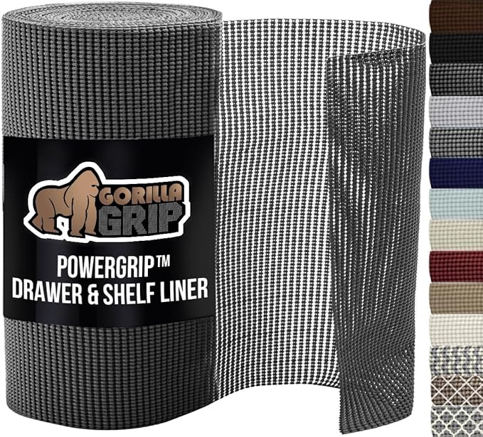GORILLA GRIP powerGRIP Drawer Shelf and Cabinet Liner, Thick Strong Hold, Non-Adhesive Liners Protect Kitchen Cabinets and Cupboard, Bathroom Drawers, Easy Install, Breathable Mat, 17.5" x20' Charcoal by GorillaGrip