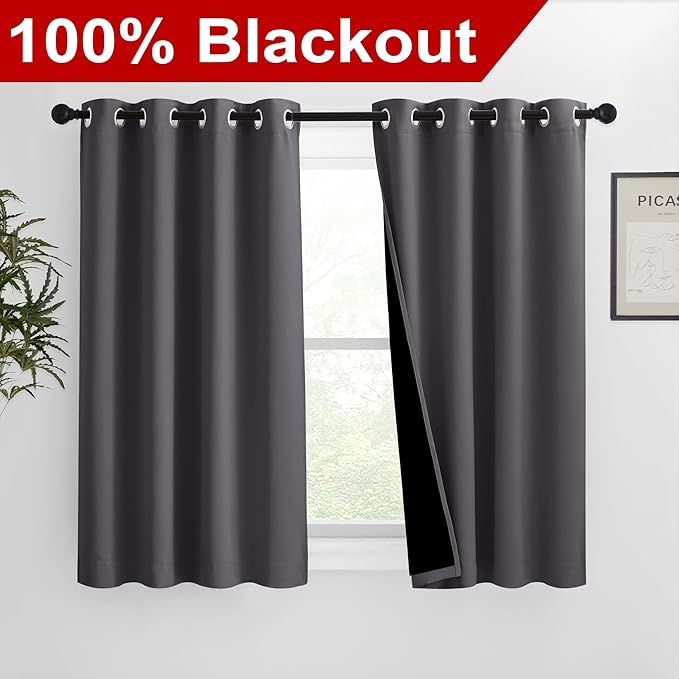 NICETOWN 100% Blackout Curtains with Black Liners, Solid Thermal Insulated Full Blackout 2-Layer Lined Drapes, Energy Efficiency Window Draperies for Bedroom (2 Panels, 46" W by 54" L, Grey) - Image 2